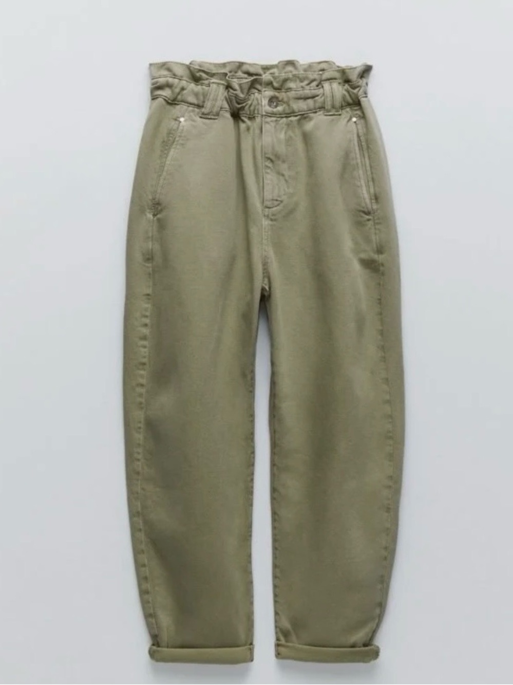Zara high waisted, baggy, paper bag, denim ankle pants washed olive green | GUC